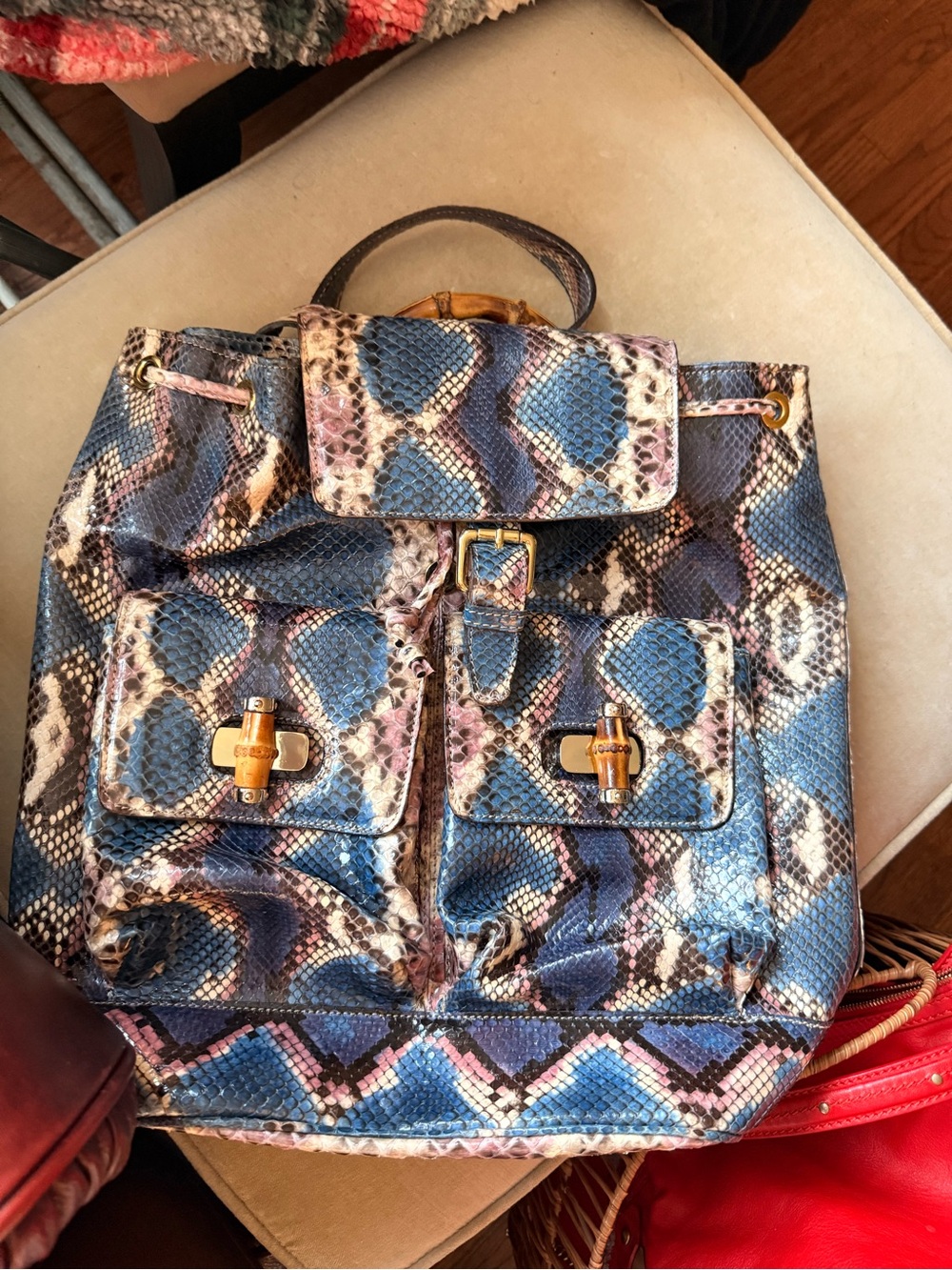 Blue Snake-Print Faux Leather Backpack Tote